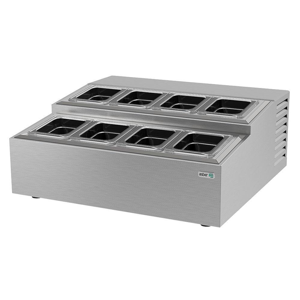 TOPPING ASBER ATC-4+4 | Topping Refrigerado Mostrador | 8 Insertos | Acero Inoxidable | Control Temperatura Electrónico | Buffet Hotel Heladería Restaurante Cafeteria Ensaladas Bar Buffet Alimentos