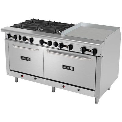 ESTUFA ASBER COMPLETA AEMR-2-G24-B6-60-H | Estufa | 6 Quemadores | Horno Doble 24" y 36 " | Plancha 24" | Parrilla | Gas | Acero Inoxidable | Comedor Industrial Hotel Cafetería Bistró Restaurante | Estufa Completa Horno Doble Plancha Pulgadas Quemadores Industrial Uso Rudo Preparación Cocción Cocina Restaurante Hotel Cafetería