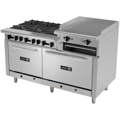 ESTUFA ASBER MULTIPLE AEMR-2-RG24-B6-60-H | Estufa | 6 Quemadores | Gratinador | Plancha 24" Elevada | Horno Doble 24" y 36" | Parrilla | Gas | Acero Inoxidable | Comedor Industrial Hotel Cafetería Bistró Restaurante | Gratinador Plancha Horno Doble Parrilla Estante | Gas | Acero Inoxidable | Múltiple Cocina Gratinar Doble Cocción Preparación Restaurante Hotel Quemadores Plancha Uso Rudo Industrial Estufa