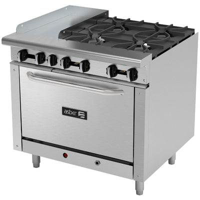 ESTUFA ASBER AEMR-G12-B4-36 | Estufa Combinada | 4 Quemadores | Plancha | Horno | Parrilla | Gas | Acero Inoxidable | Cafetería Restaurante Hotel Bistró | Quemadores Horno Restaurante Cocción Preparación Plancha Industrial Hotel Estufa Completa