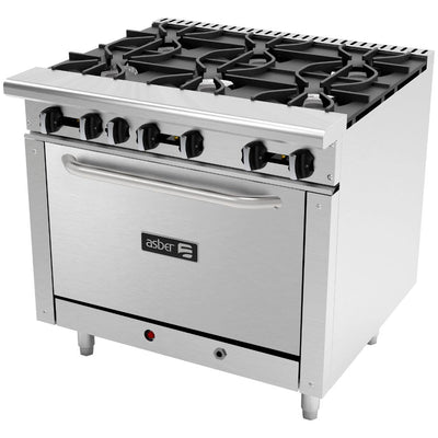 ESTUFA ASBER AER-6-36 | Estufa con Parrilla y Horno | 6 Quemadores | Horno Parrilla | Gas | Acero Inoxidable | Fonda Restaurante Bar Hotel Cafetería | Quemadores Horno Cocción Preparación de Alimentos Industrial