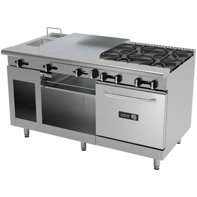 ESTUFA ASBER AMR-60 | Estufa Combinada | 4 Quemadores | Horno | Freidora | Plancha 24" | Gratinador | Gas | Acero Inoxidable | Hotel Restaurante Comedor | Preparación de Alimentos Banquetes Horno Plancha Cocina Industrial Quemadores Freidora Almacén Gabinete Restaurante Hotel Uso Rudo Múltiple Estufa